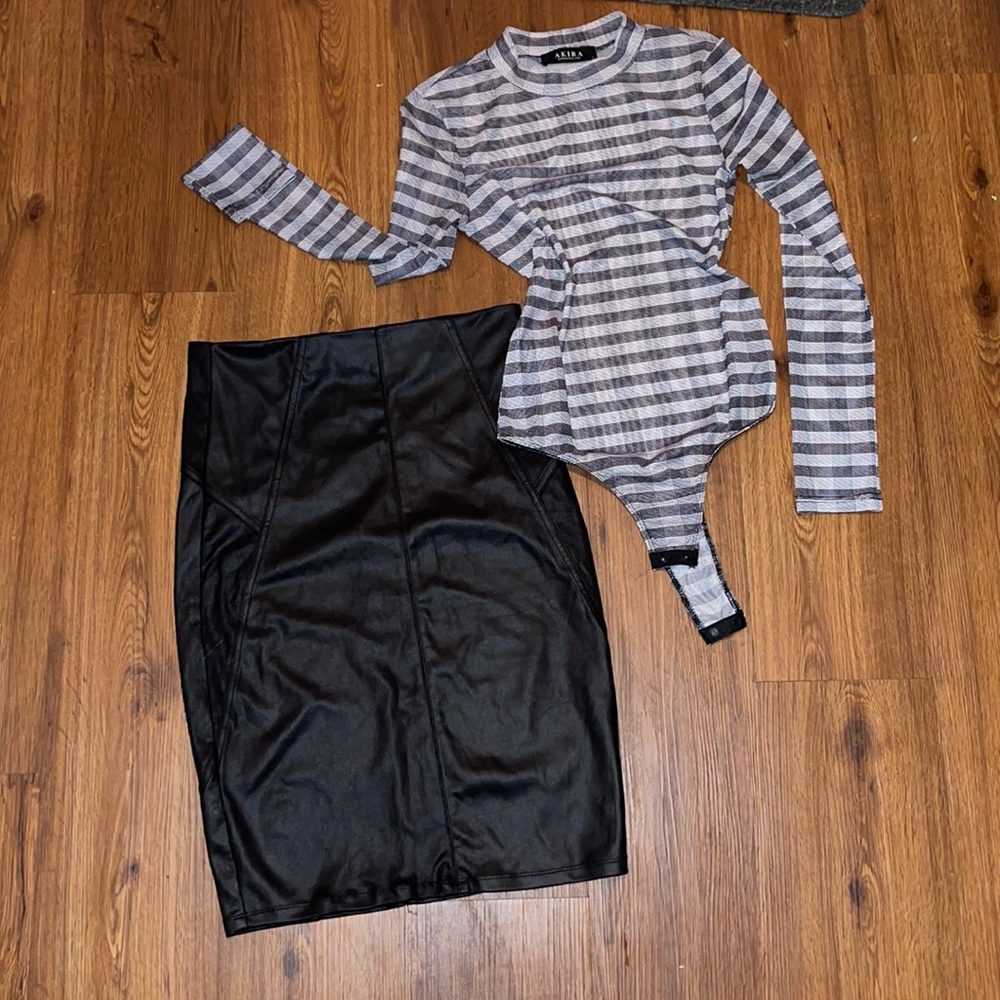 AKIRA bodysuit and faux leather skirt SET